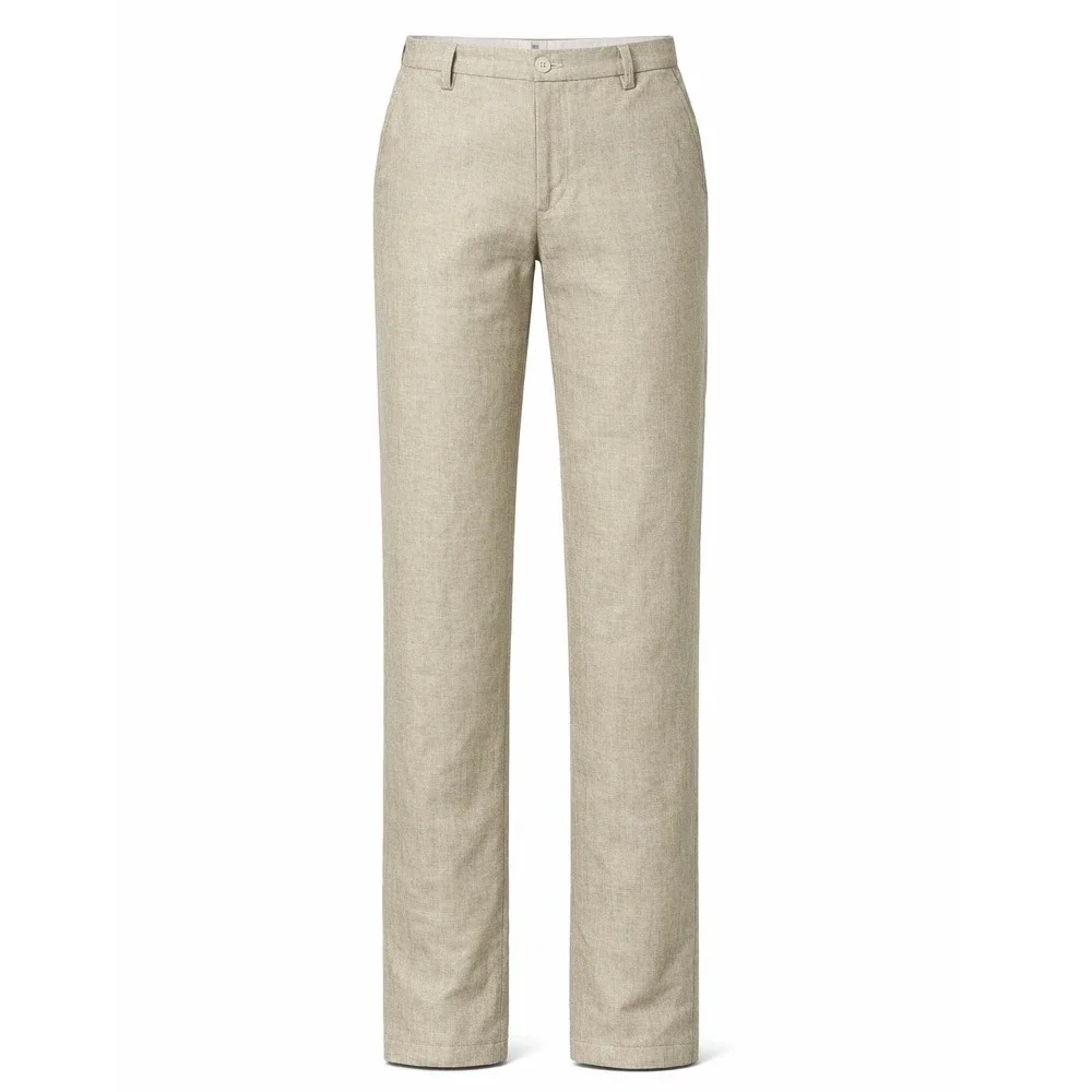 Bespoke StudioSuits Trousers Men 33x31 Beige Linen Handcrafted Flat‎ Front